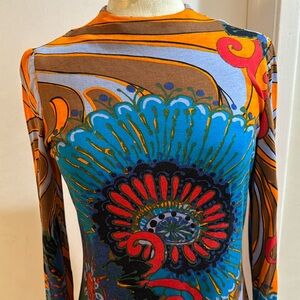 Anne Fogarty Vintage Abstract Funky Colored Zip Up Long Sleeve Full Length Dress